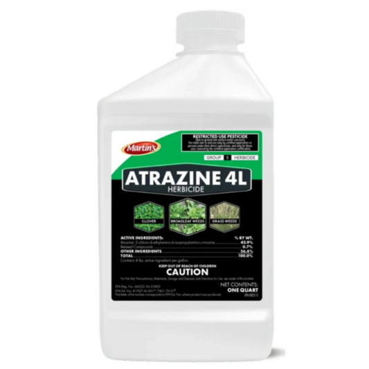 White bottle of Atrazine 4L herbicide with label on a white background