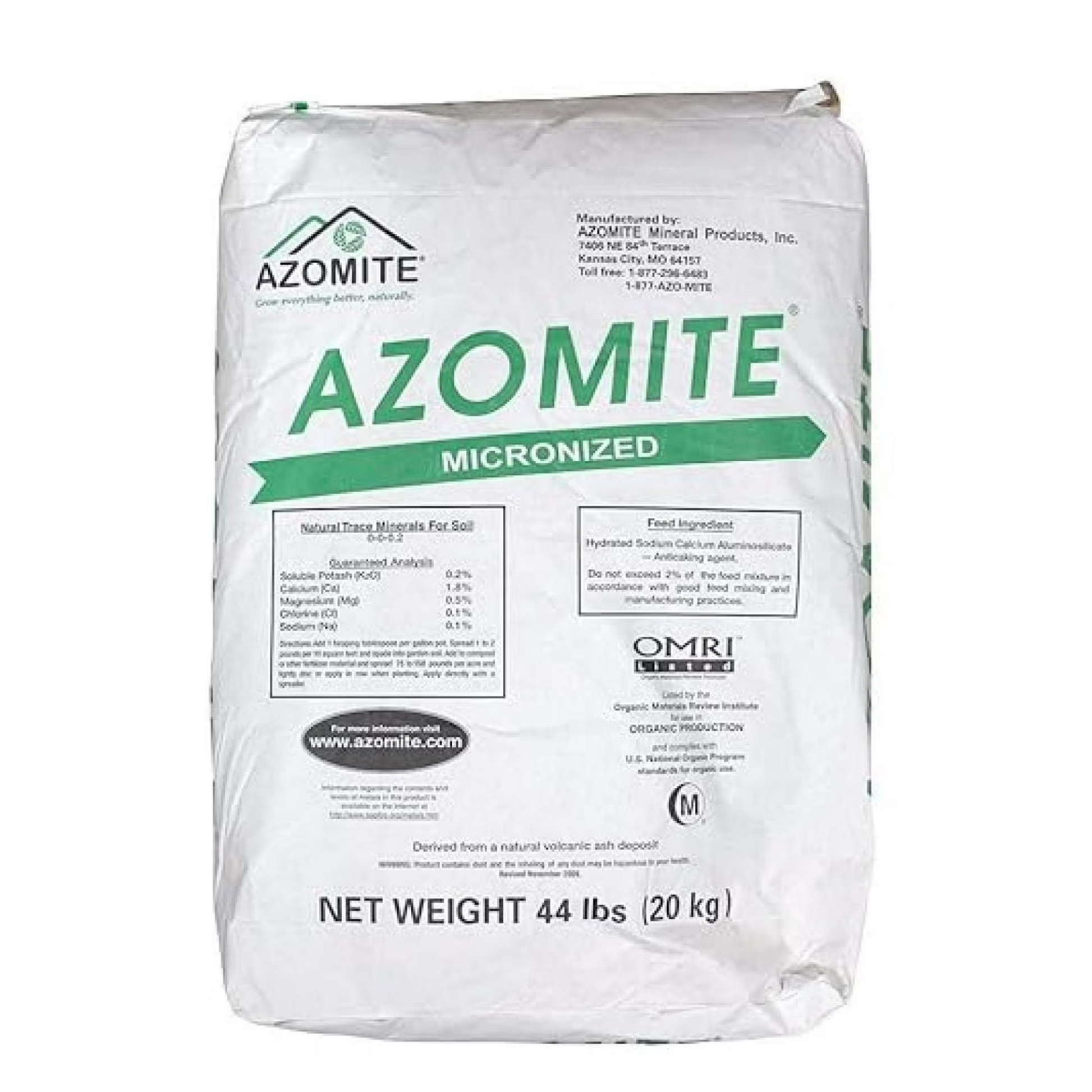 Bag of Azomite micronized mineral product on a white background