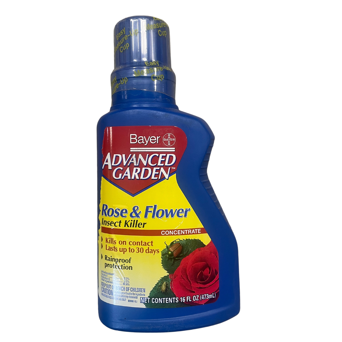 A bottle of Bayer Advanced Garden Rose & Flower Insect Killer Concentrate with a blue label featuring an image of a rose and the product name.