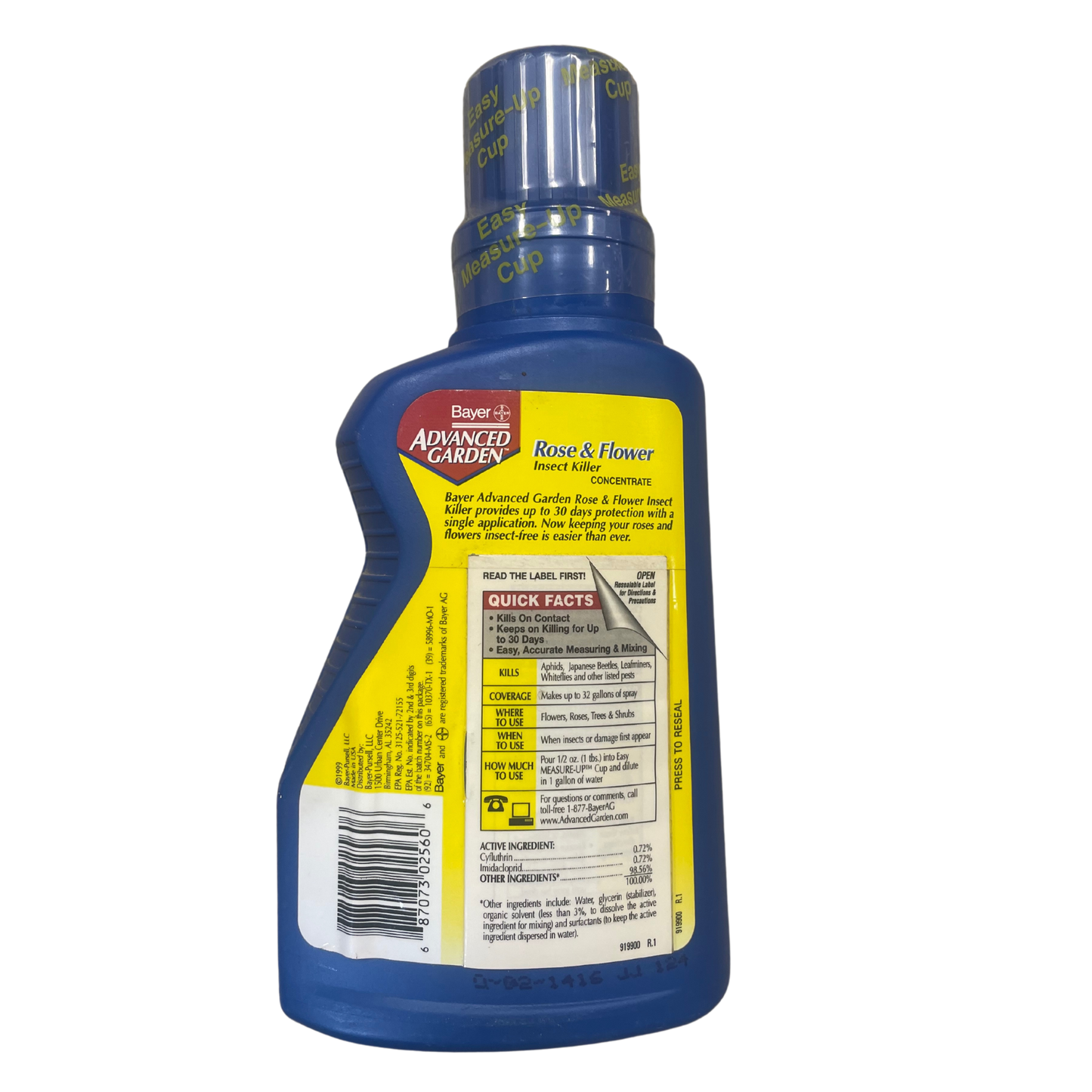 Product information for Bayer Advanced Garden and Rose Insect killer on a blue bottle.