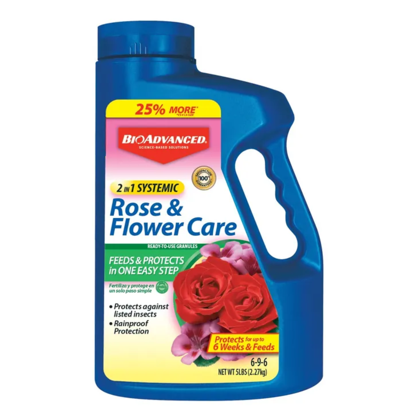 Blue bottle of BioAdvanced Rose & Flower Care fertilizer on a white background