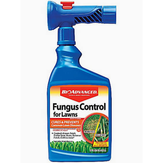 Blue spray bottle labeled 'BioAdvanced Fungus Control for Lawns' on a white background