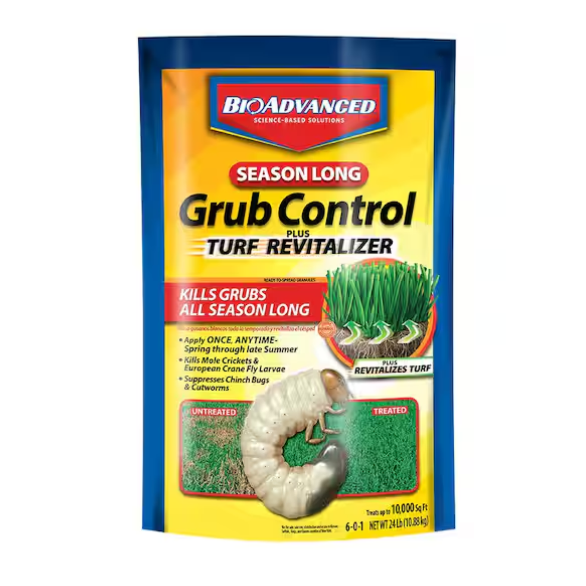 Package of Broadanced Grub Control Plus Turf Revitalizer on a white background