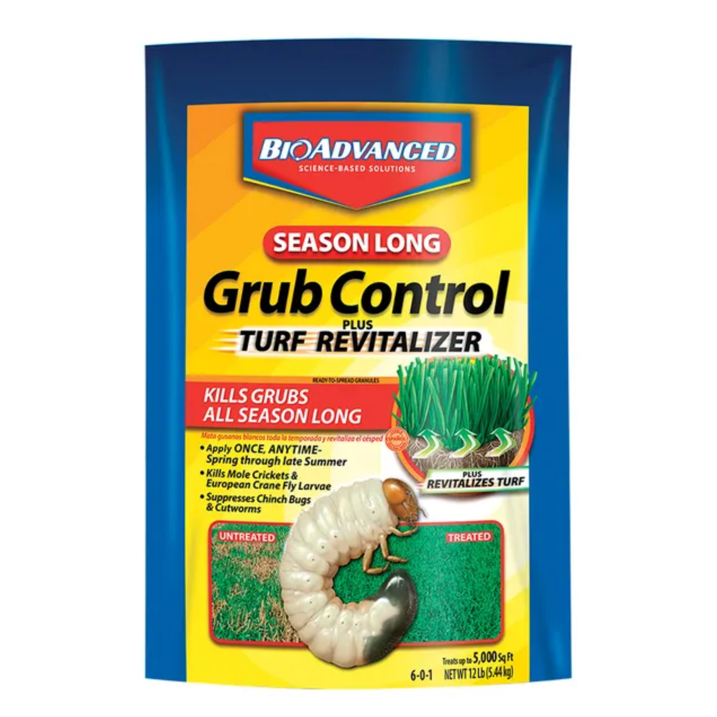 BioAdvanced Grub Control Plus Turf Revitalizer packaging on a white background