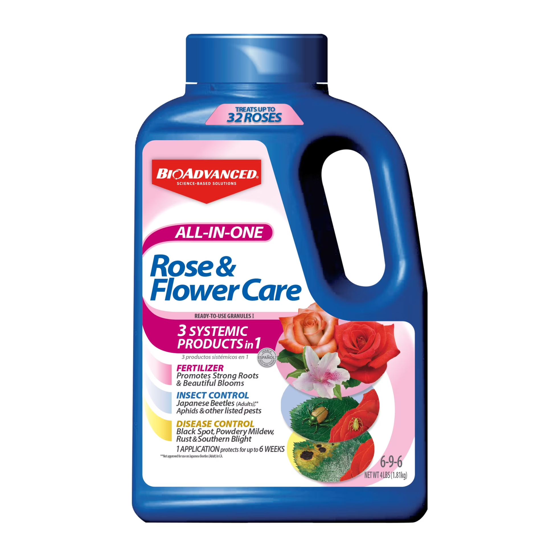 Blue and pink container of BioAdvanced All-in-One Rose & Flower Care on a white background
