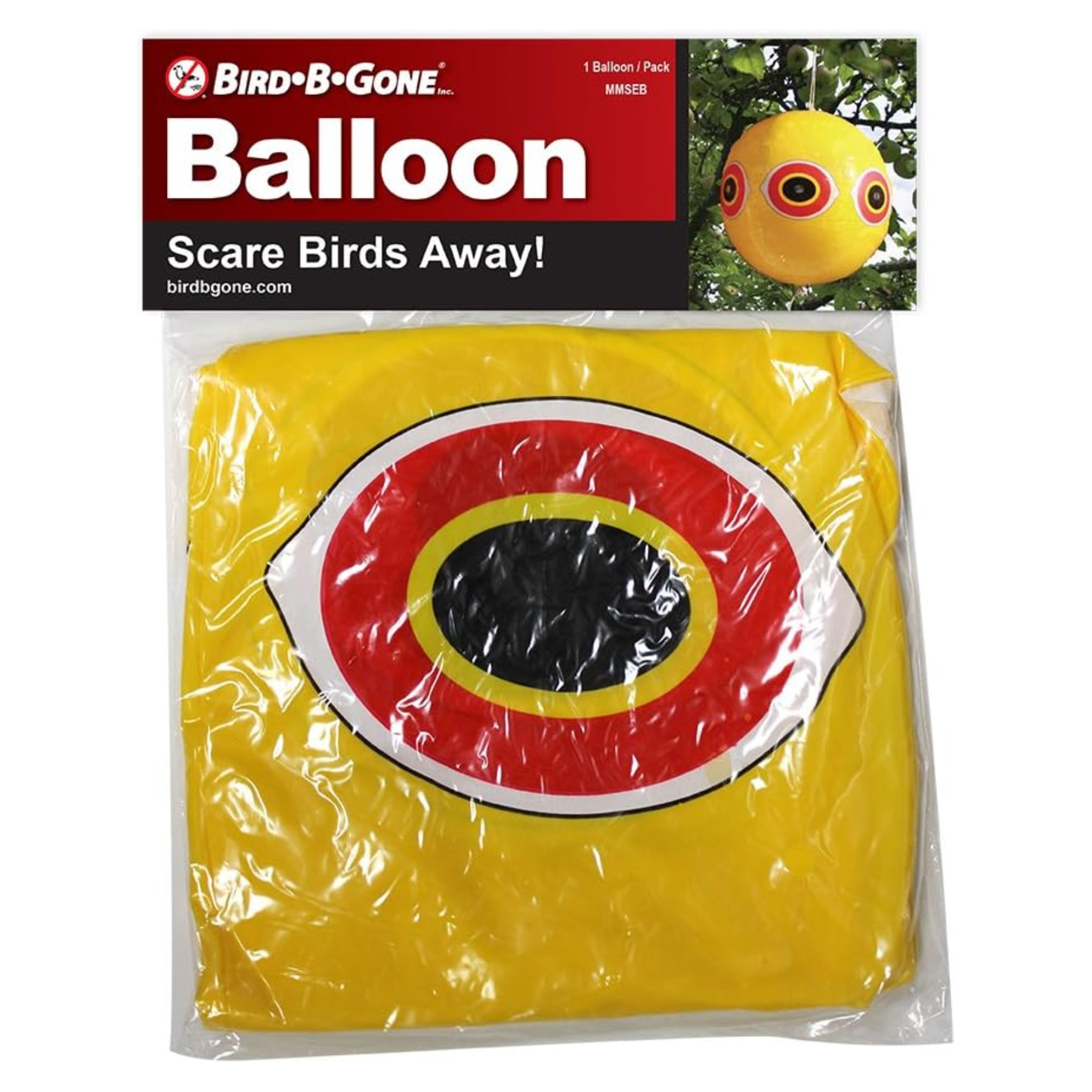Bird-B-Gone balloon packaging with a yellow and red design on a white background