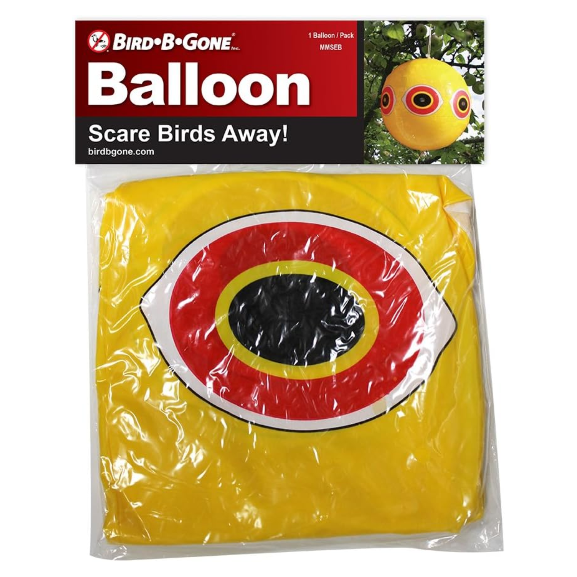 Bird-B-Gone balloon packaging with a yellow and red design on a white background