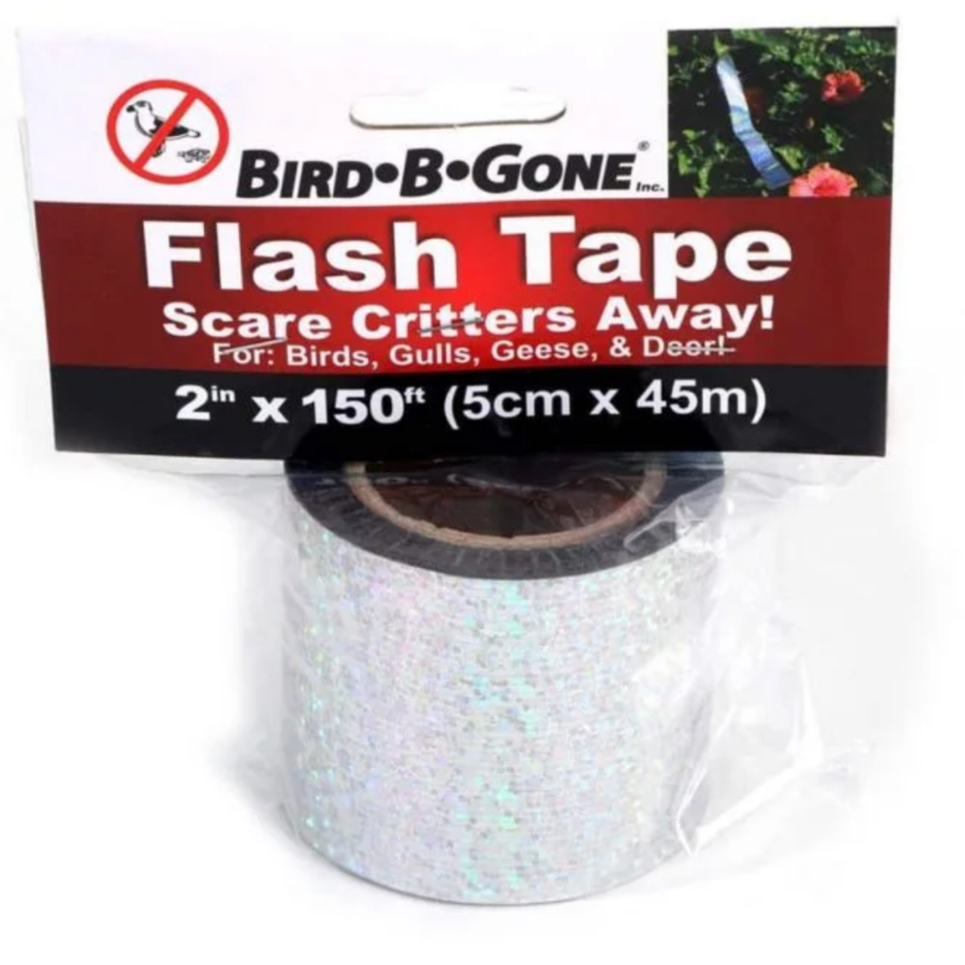 Bird-B-Gone Flash Tape packaging with a roll of tape on a white background