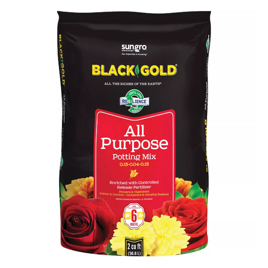 A bag of black gold potting soli on a white background