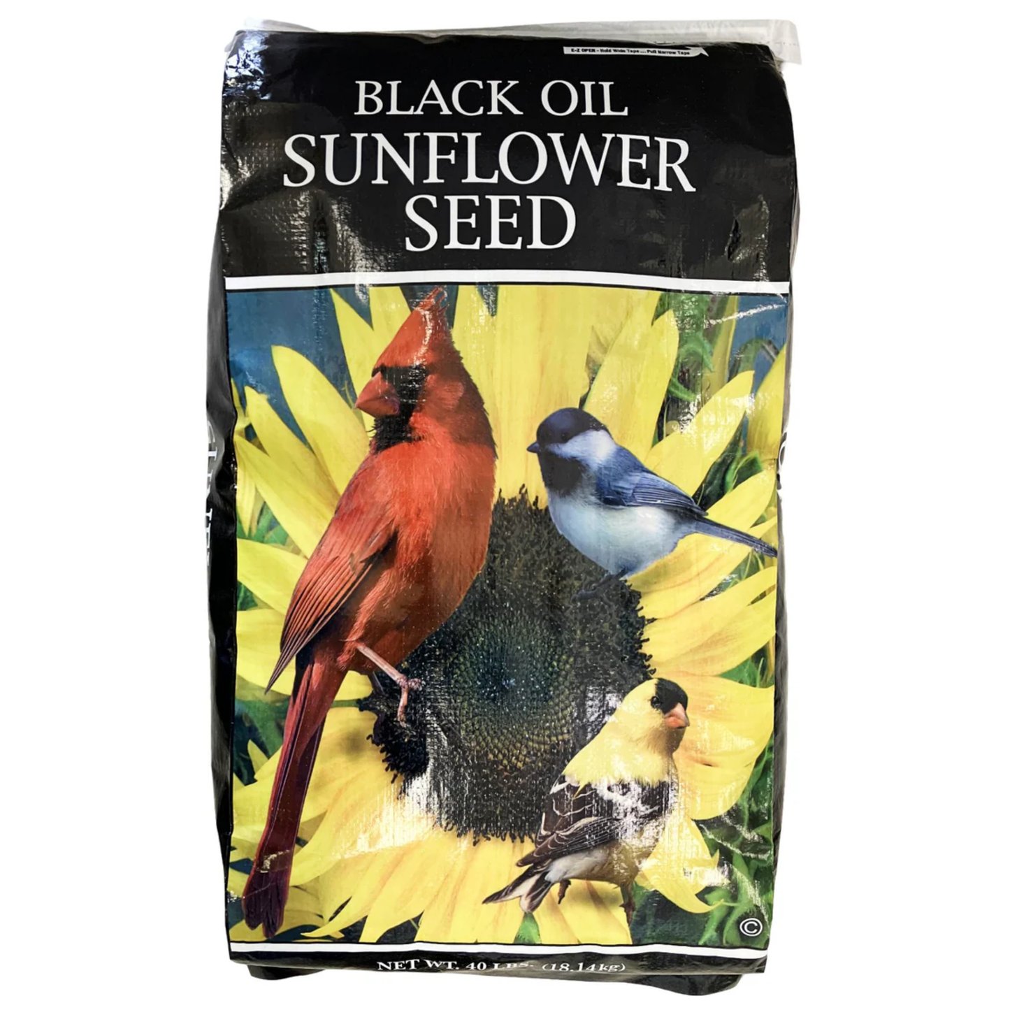 Bag of black oil sunflower seed with birds on a sunflower