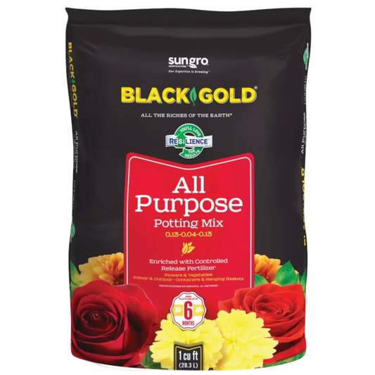 Bag of Black Gold All Purpose Potting Mix with roses and yellow flowers on a black background