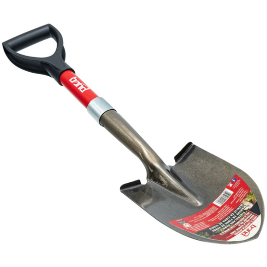 Shovel with a red handle and D-shaped grip on a white background