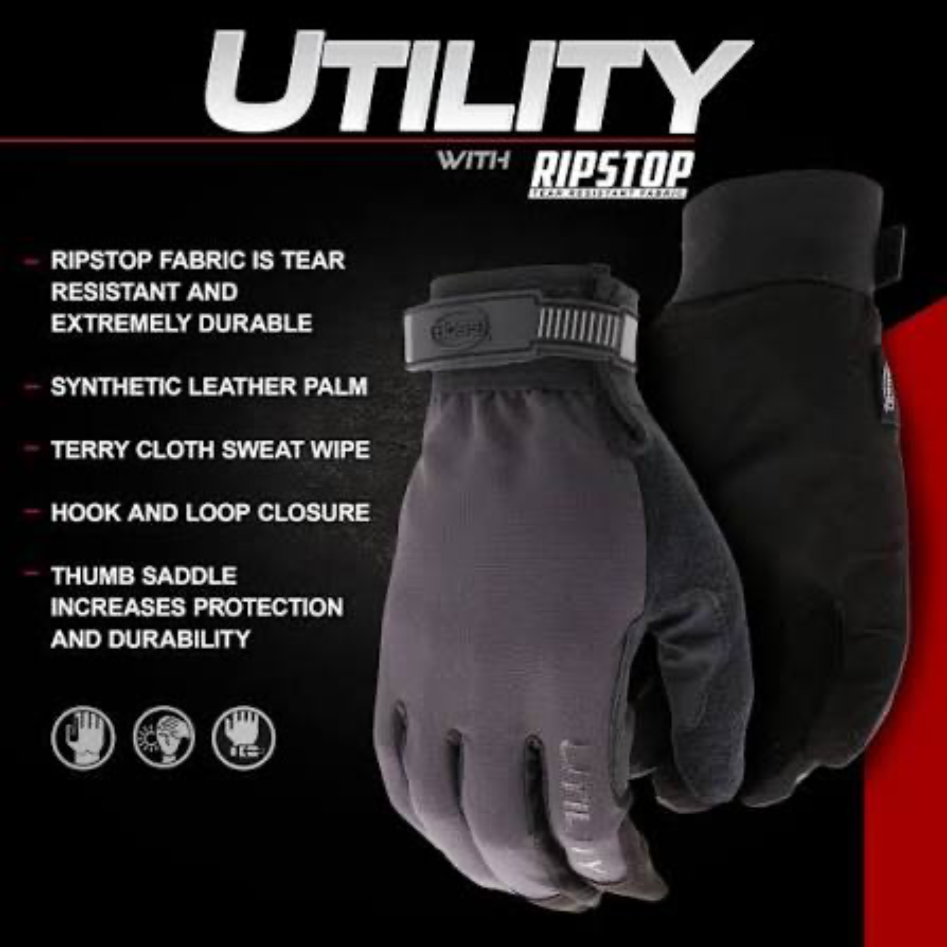 Pair of gloves with text detailing features on a black background