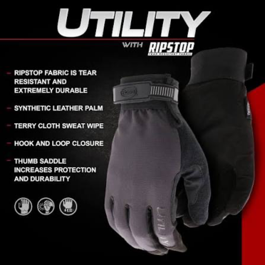 Pair of gloves with text detailing features on a black background