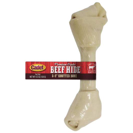 Beefhide knotted bone with Cadet brand packaging on a white background
