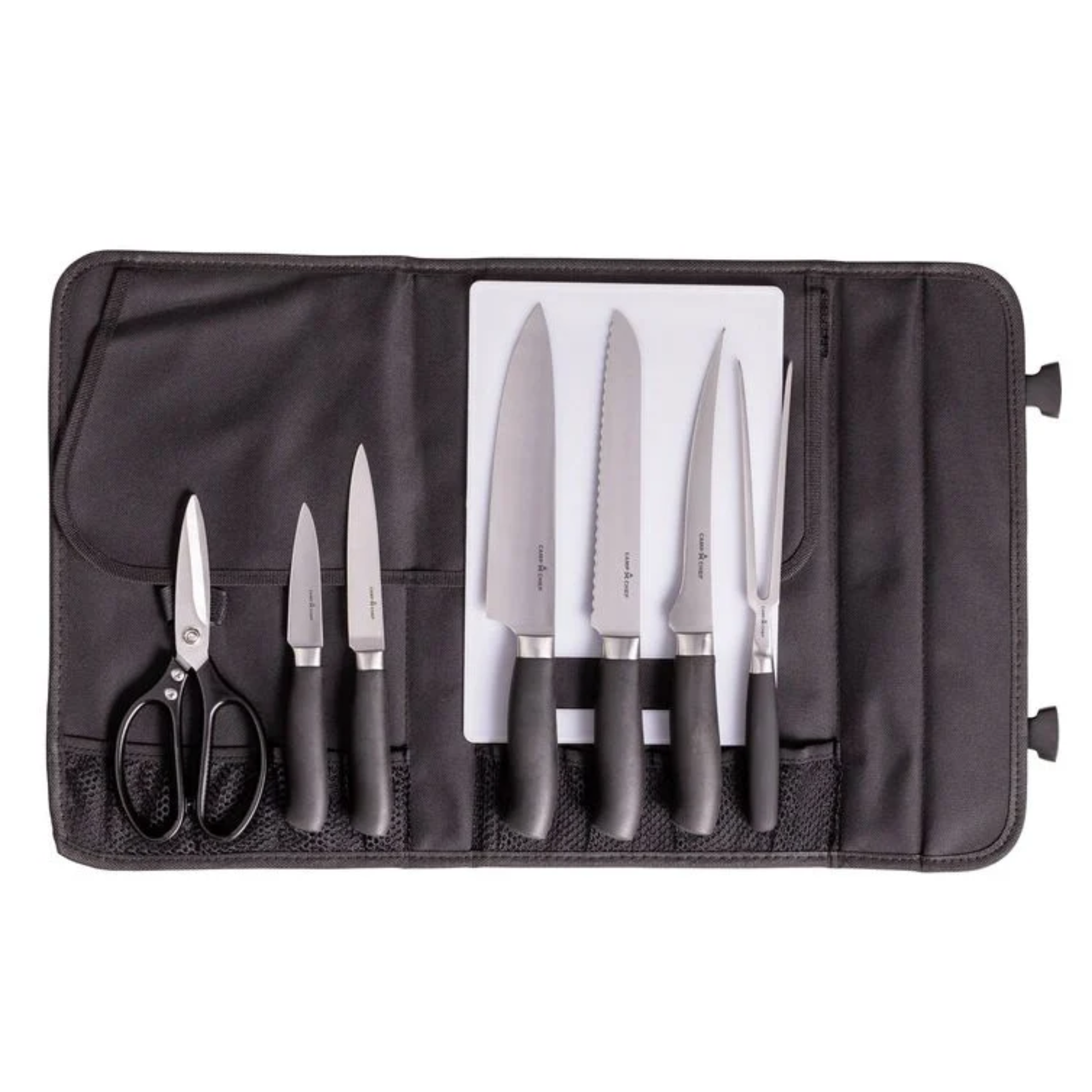 Set of 9 knives in a black case on a white background