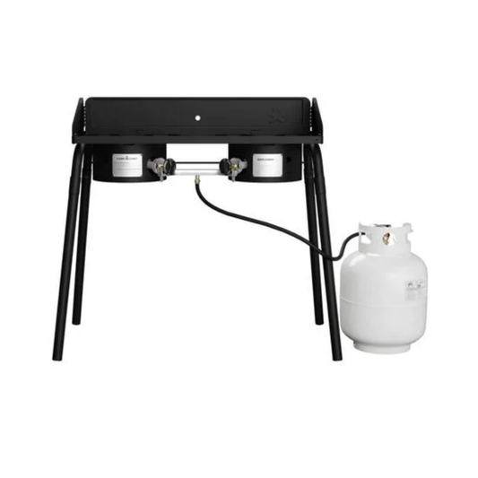 Black portable gas stove with propane tank on a white background