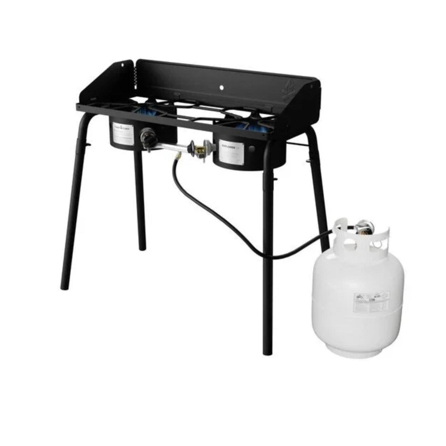Portable gas stove with two burners and a propane tank on a white background