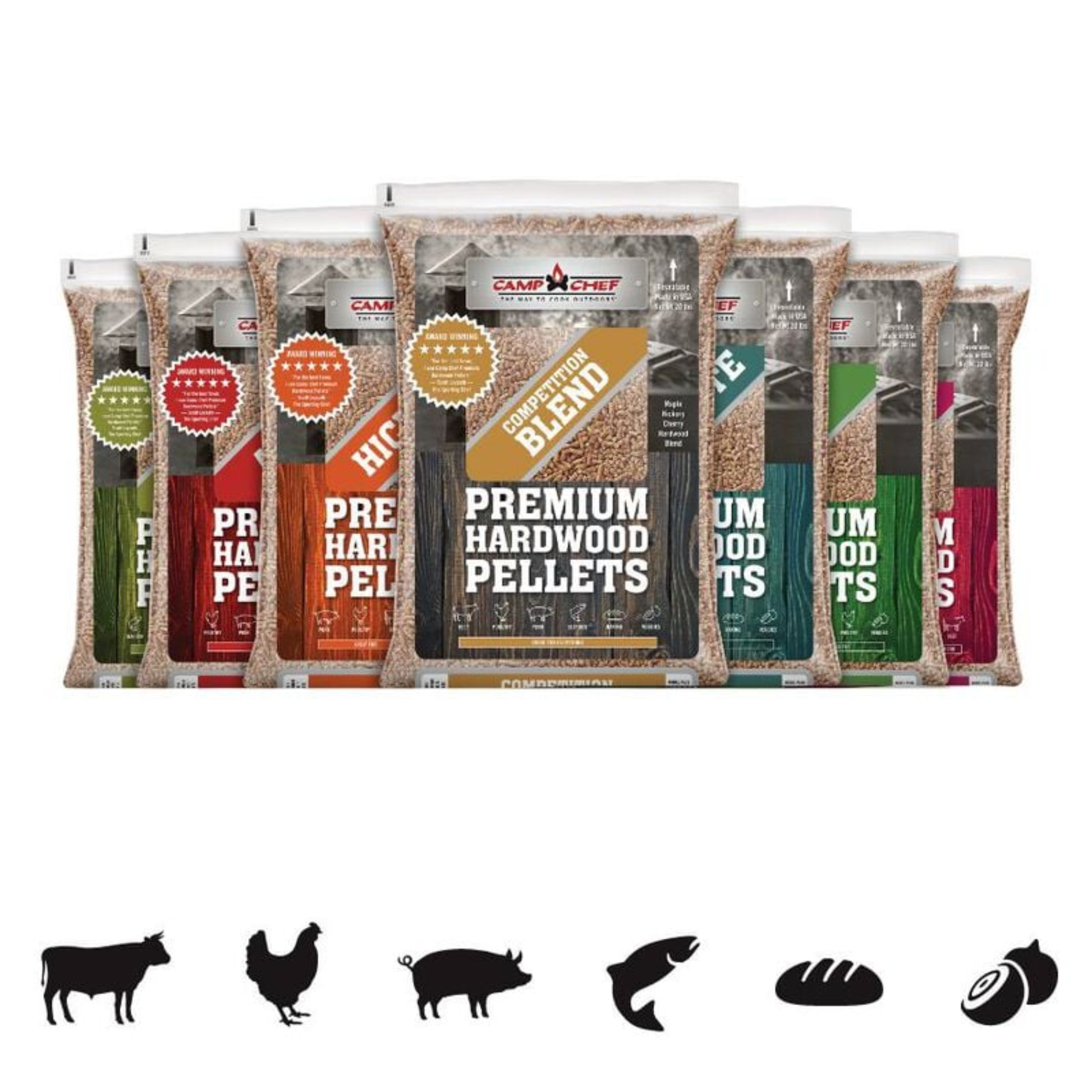 Multiple Camp Chef smoker pellets on a white background