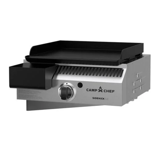 Black and stainless steel Camp Chef Smoker Sidekick flat top on a white background.