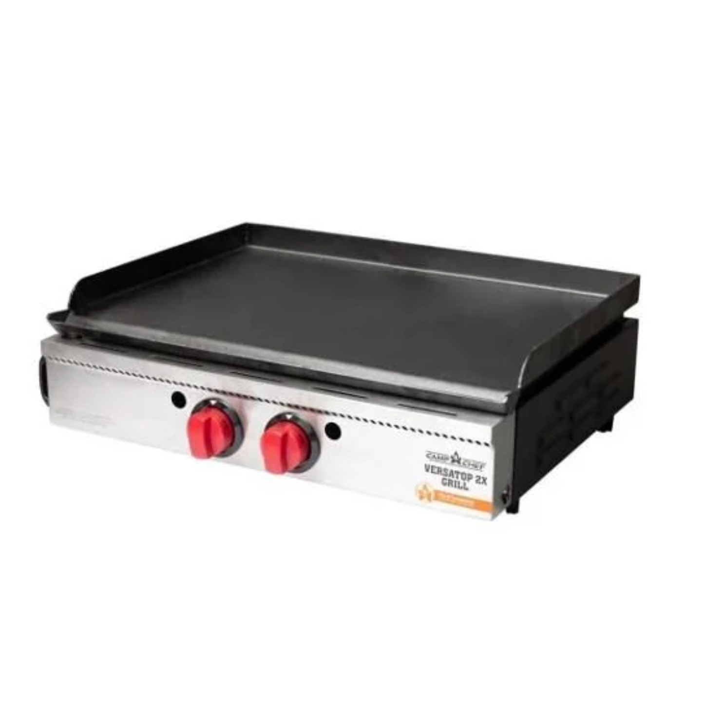 Griddle with red control knobs on a white background