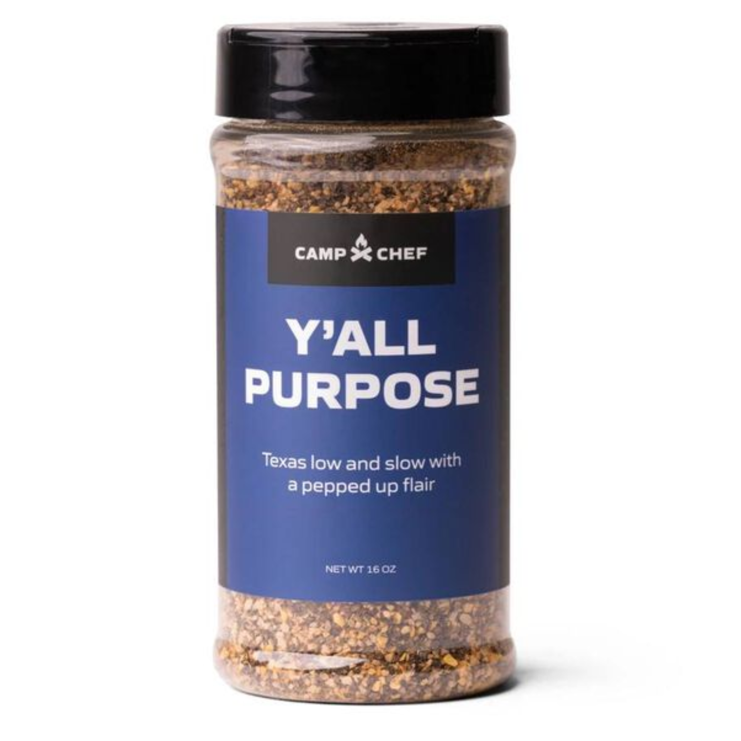 Jar of seasoning with blue label on white background