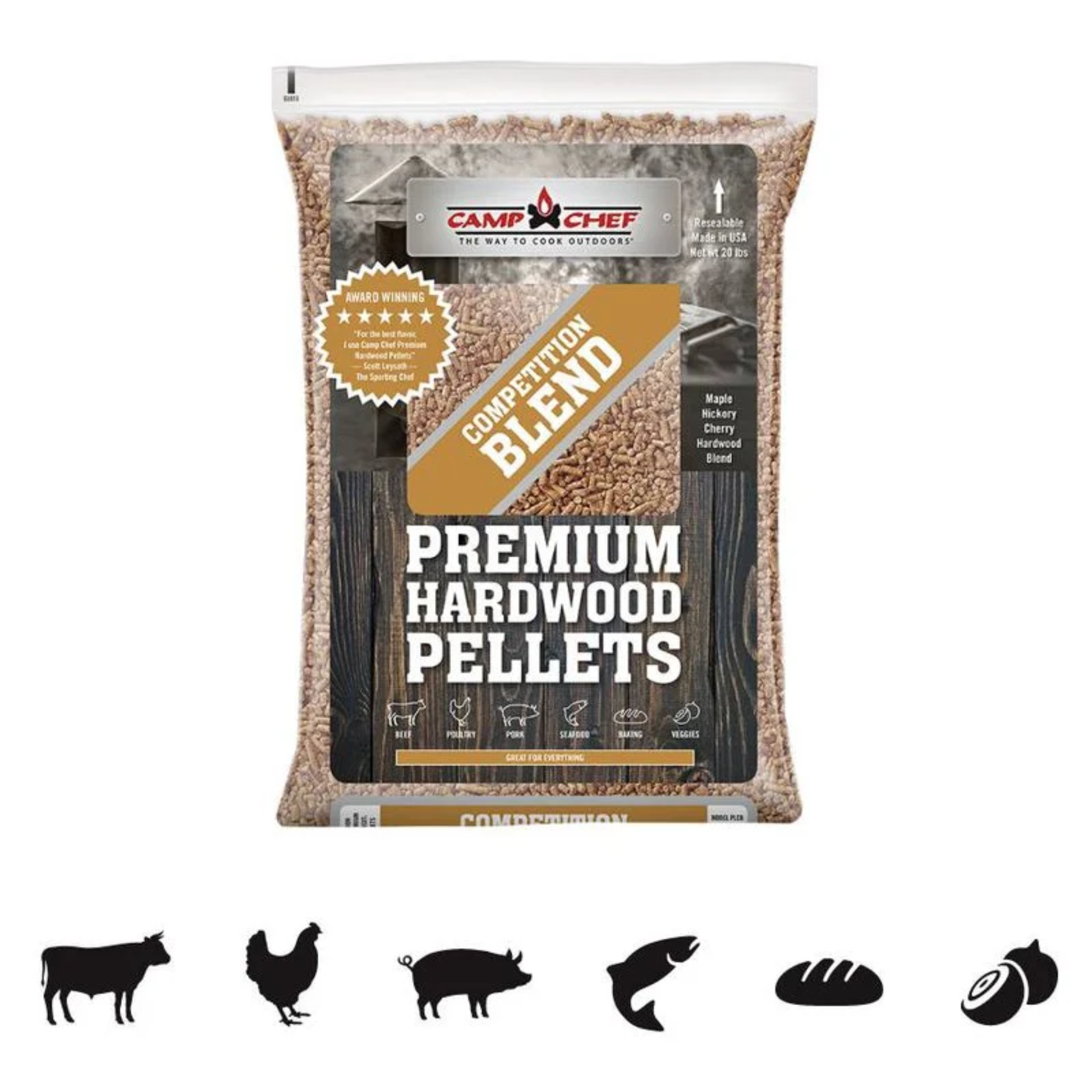 A bag of Camp Chef Competition Blend pellets on a white background