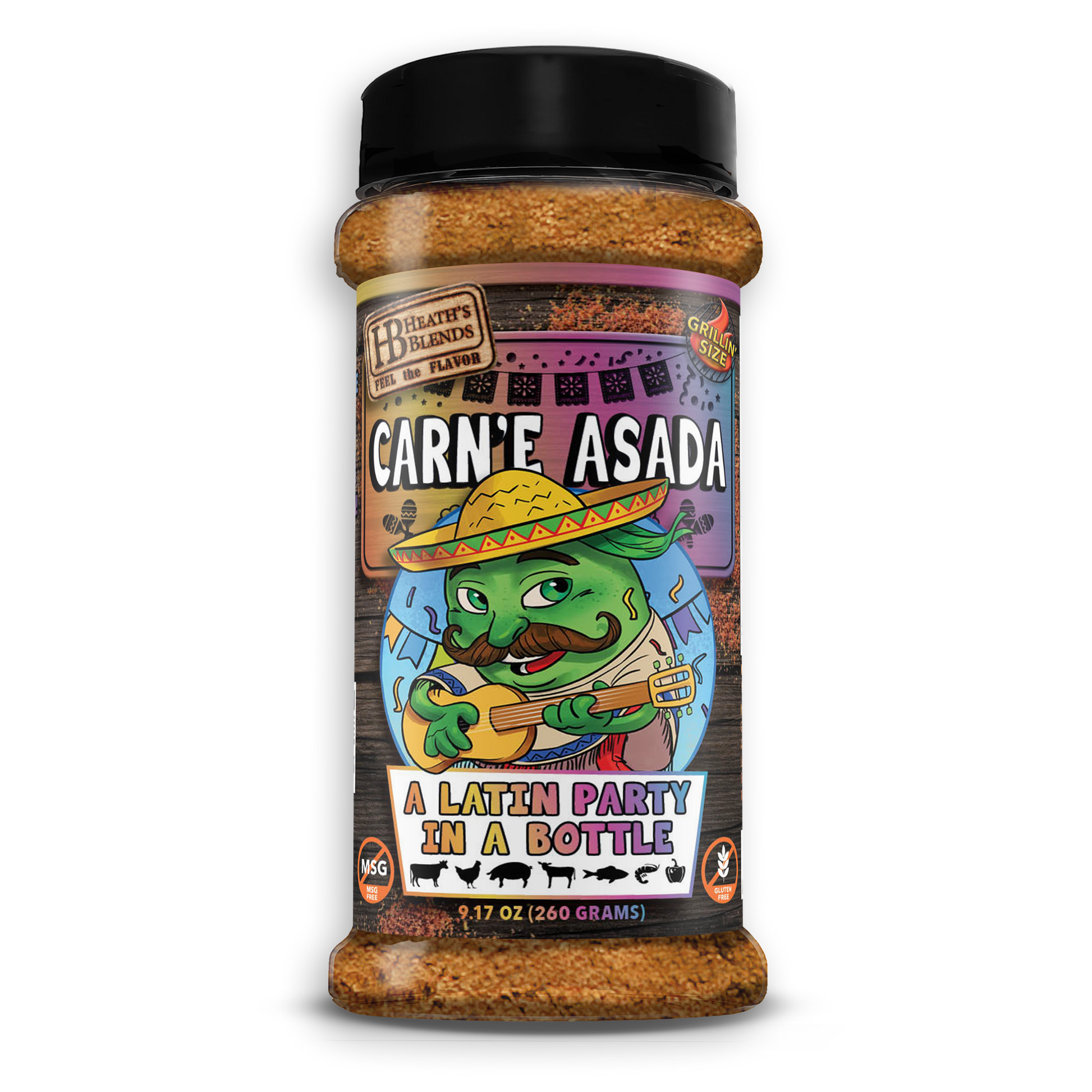 Carne asada seasoning with a pepper on the label on a white background