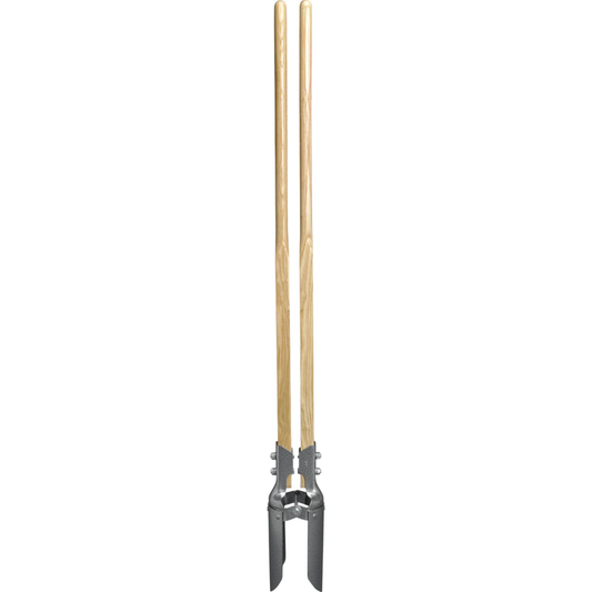 Two garden forks with wooden handles on a white background