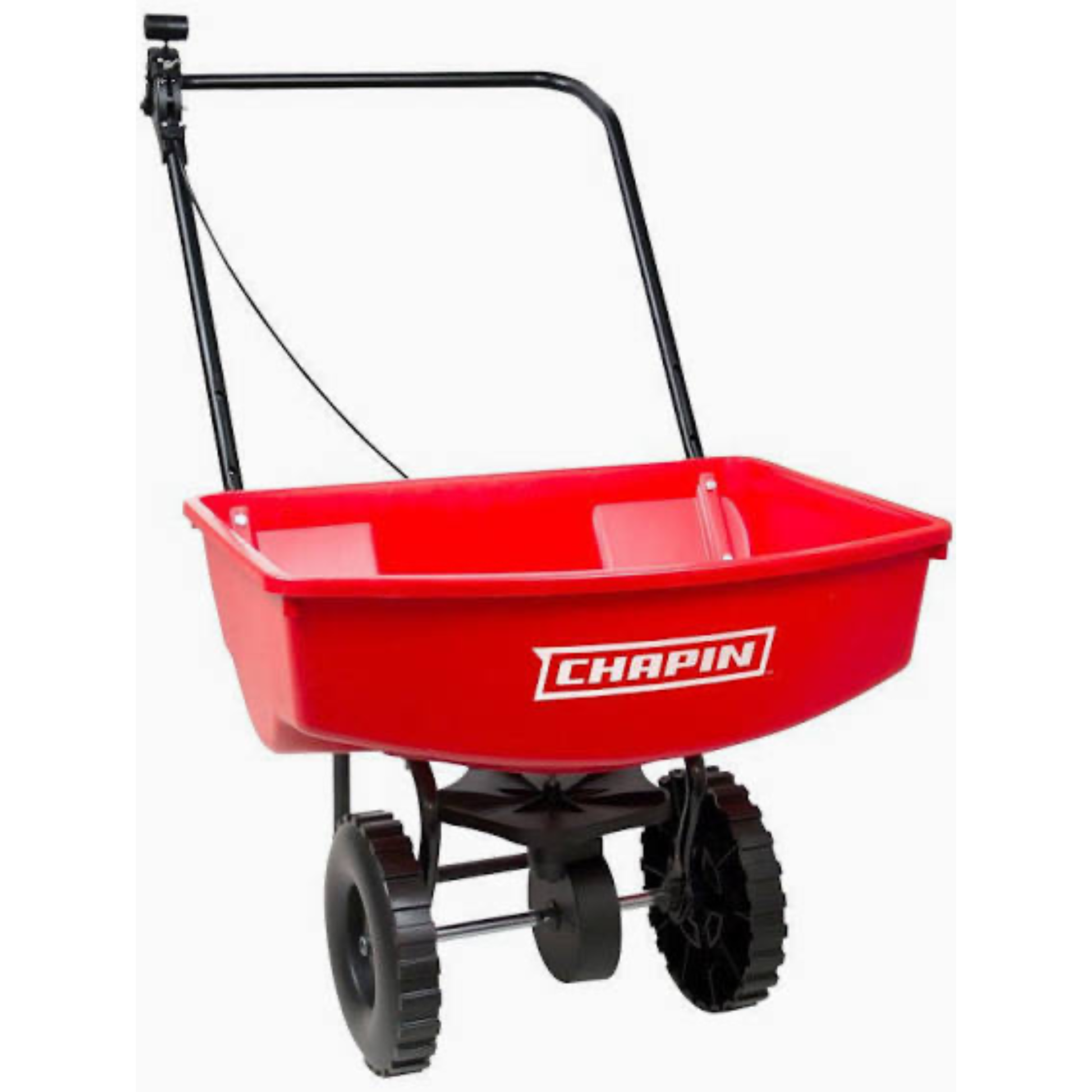 Red lawn spreader with Chapin logo on a white background
