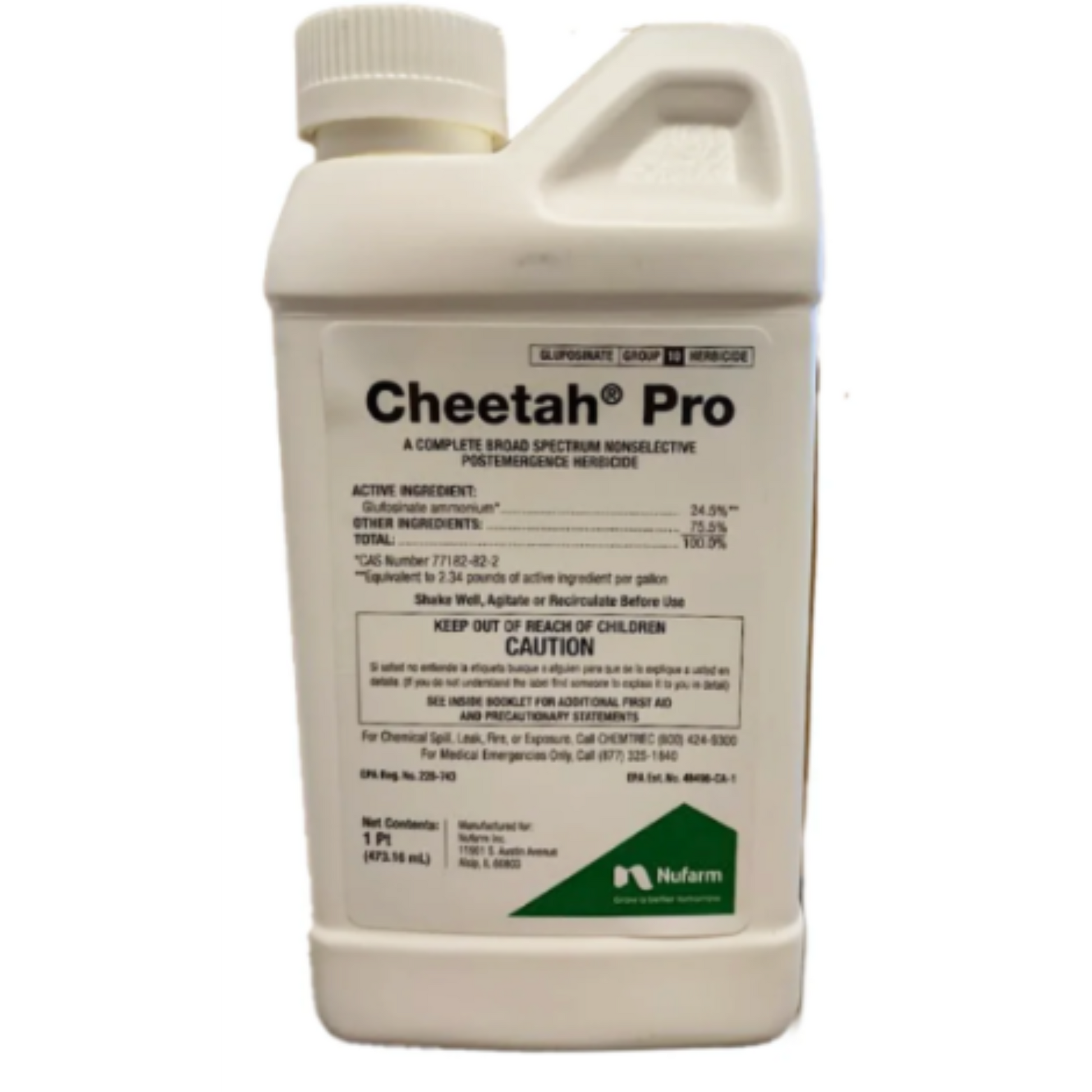 Cheetah Pro herbicide container with Nufarm logo on a white background