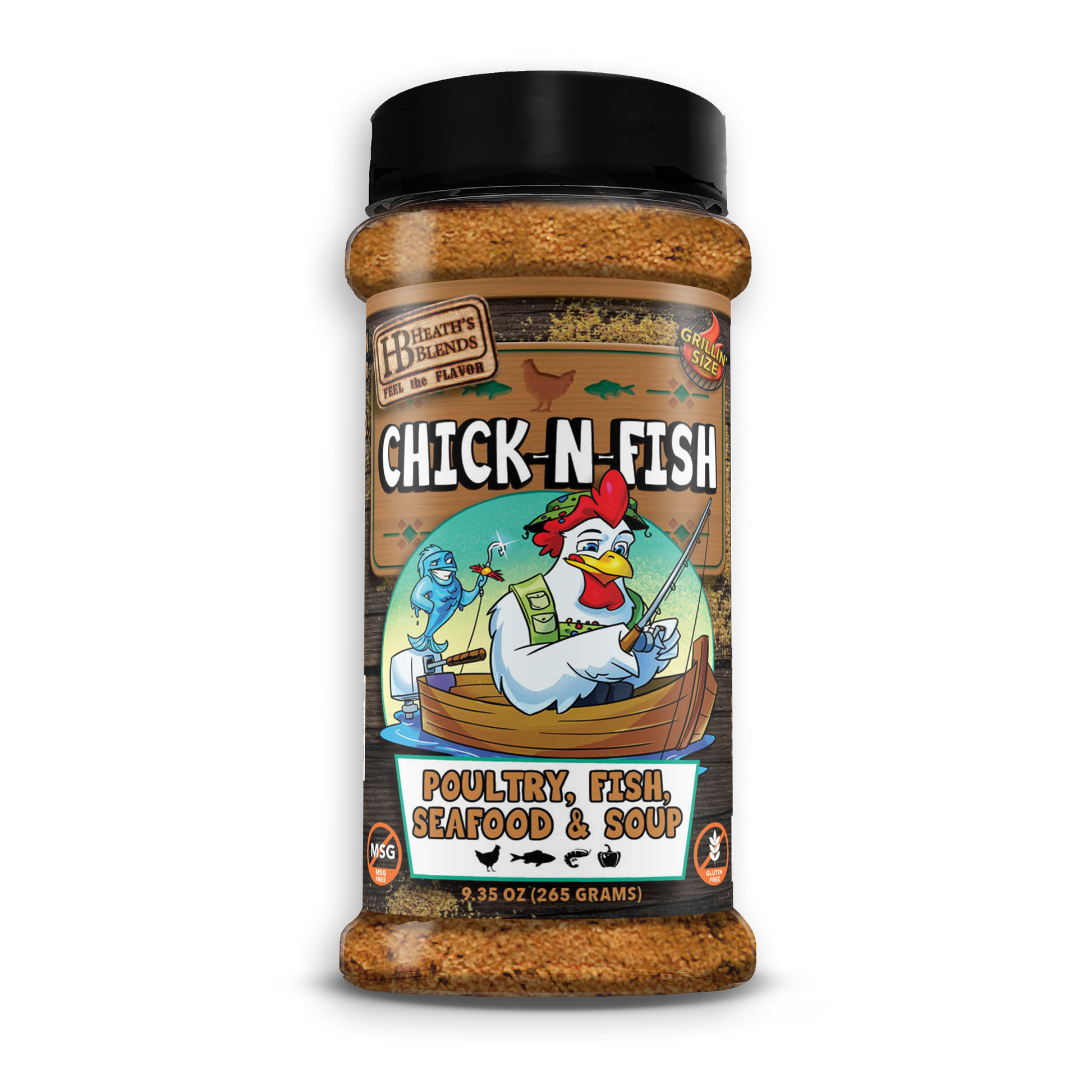 Seasoning with a chicken and a fish on the label.