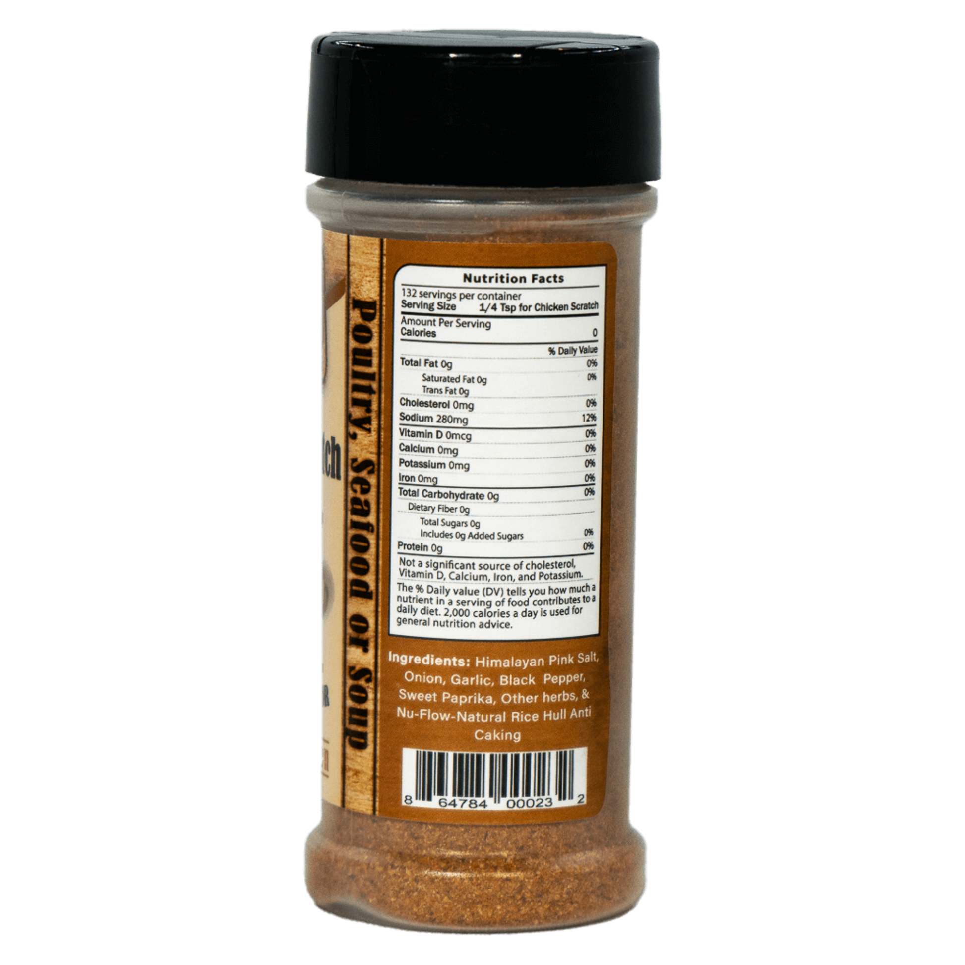 Nutrition Facts on a bottle of Heath's Chick n fish seasoning.