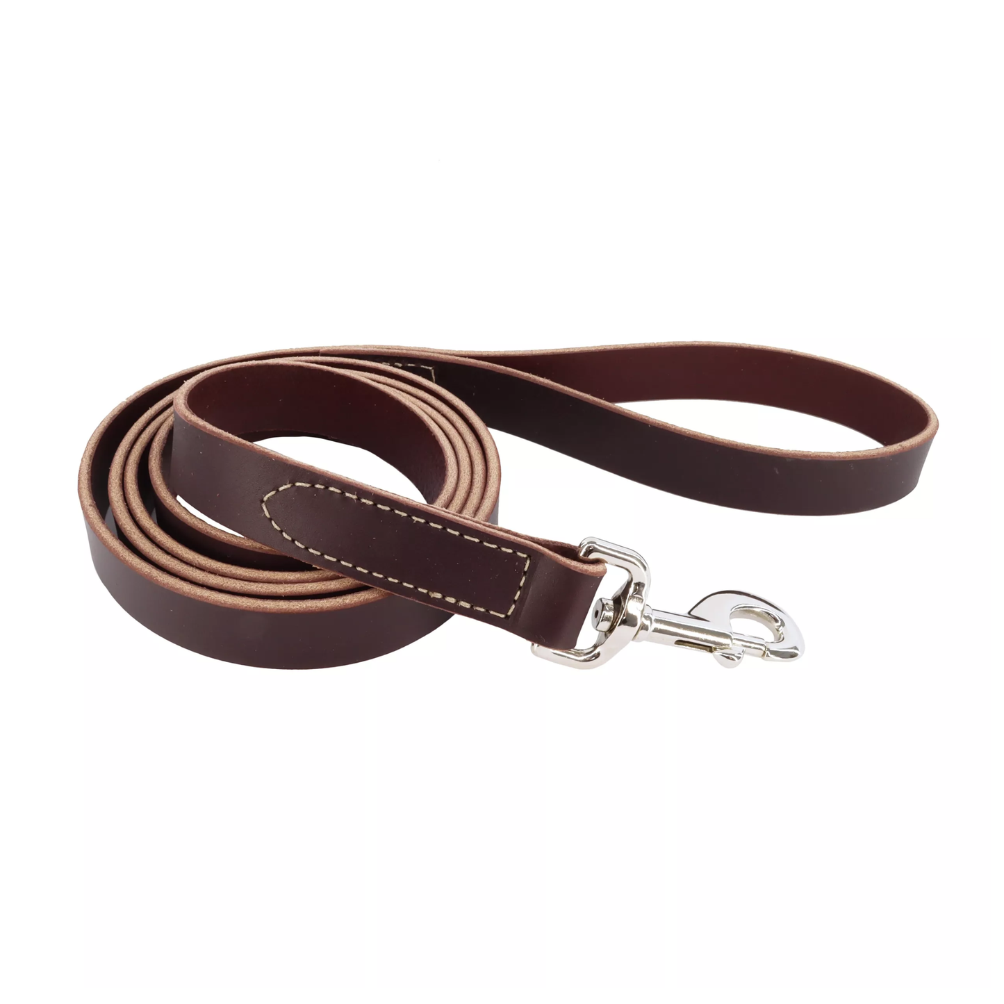 Brown leather dog leash with silver clip on a white background