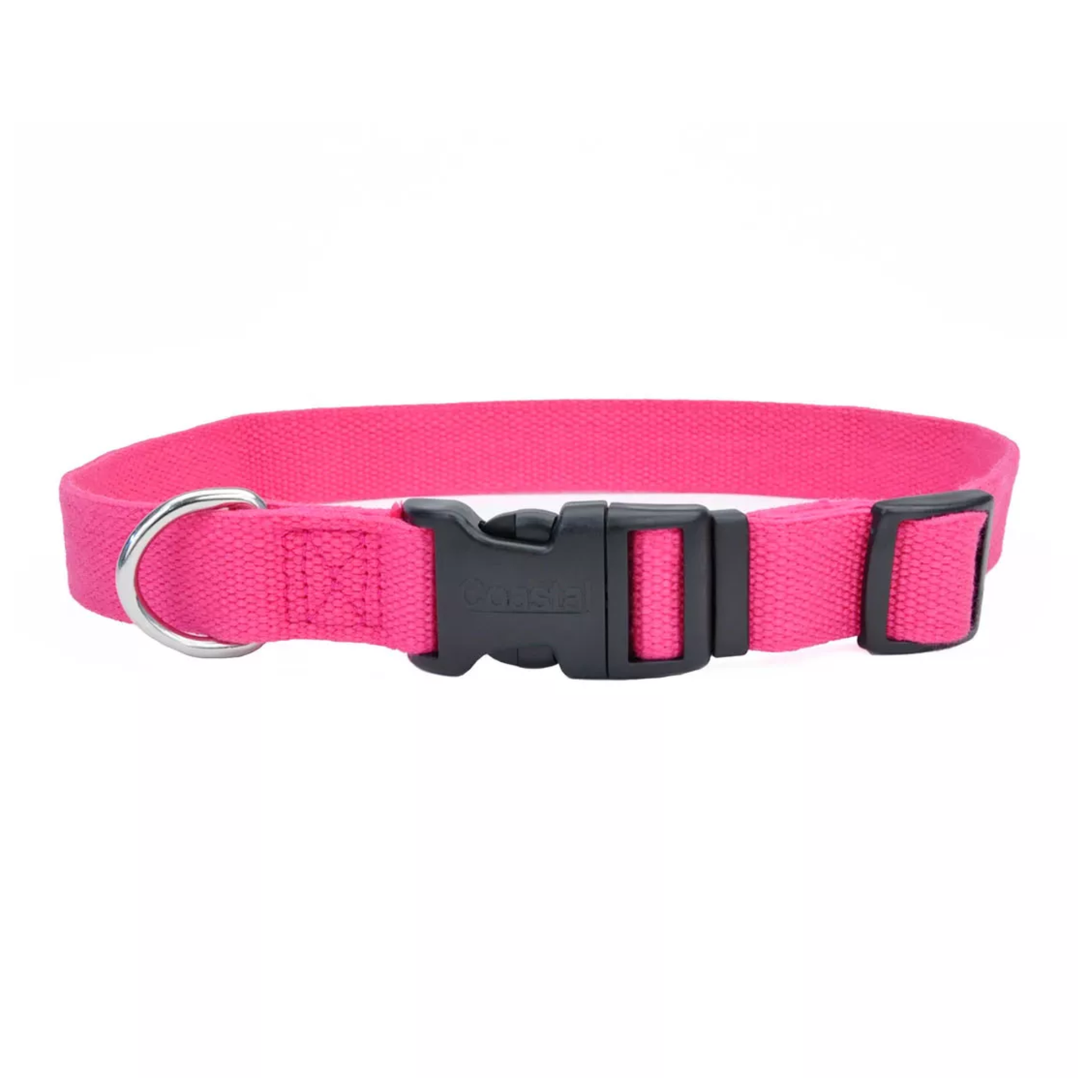 Pink dog collar with a black buckle on a white background