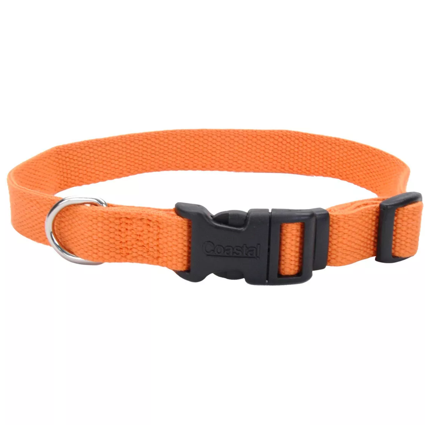 Orange dog collar with a black buckle on a white background
