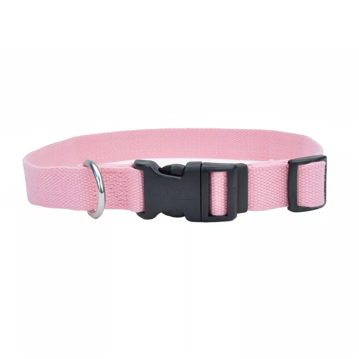Pink dog collar with a black buckle on a white background