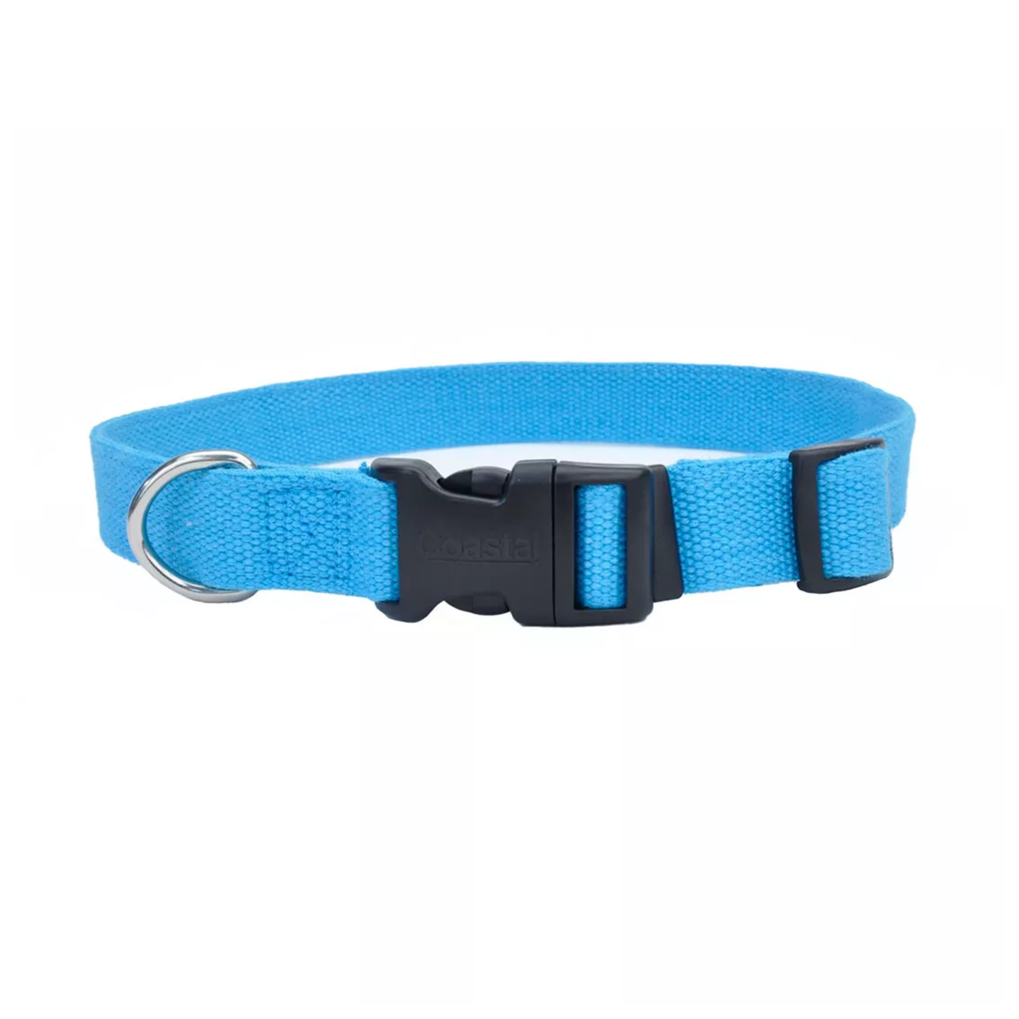 Blue dog collar with a black buckle on a white background