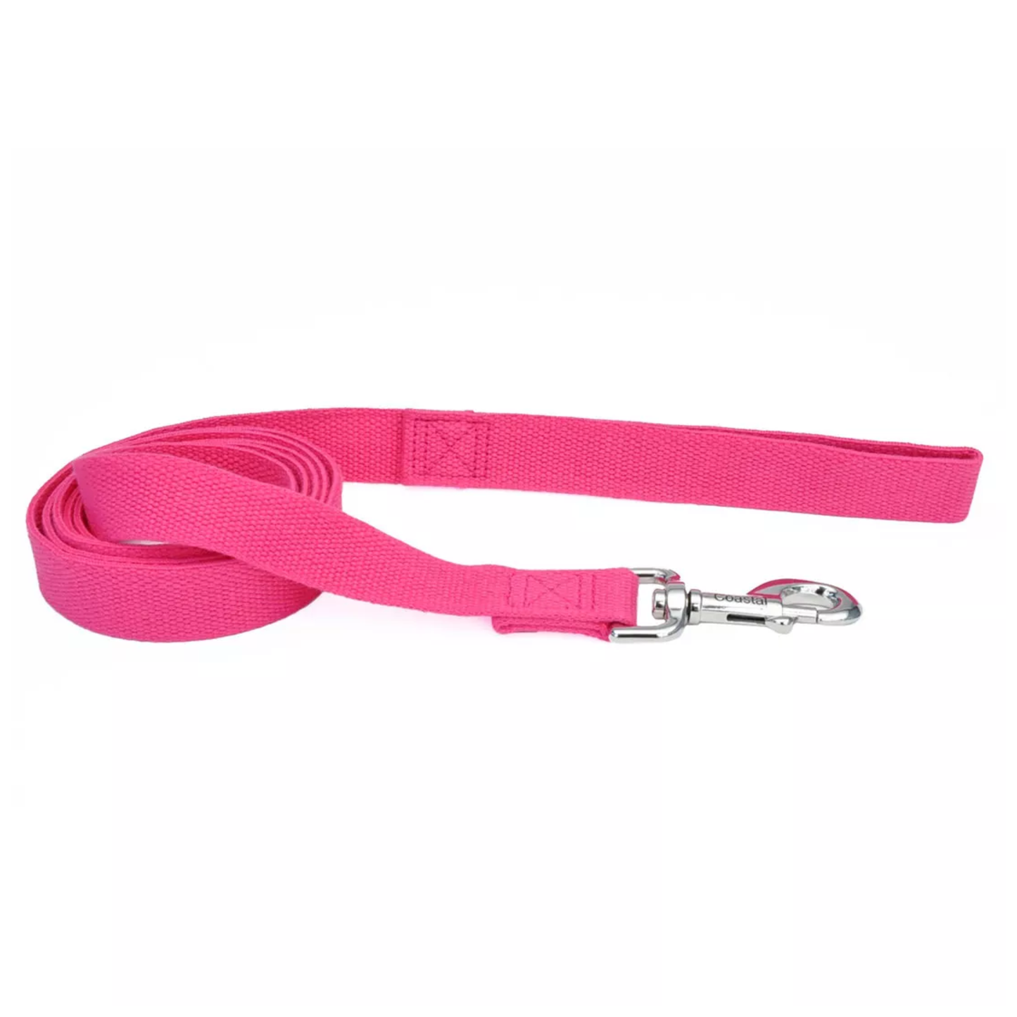 Pink dog leash with a silver clip on a white background