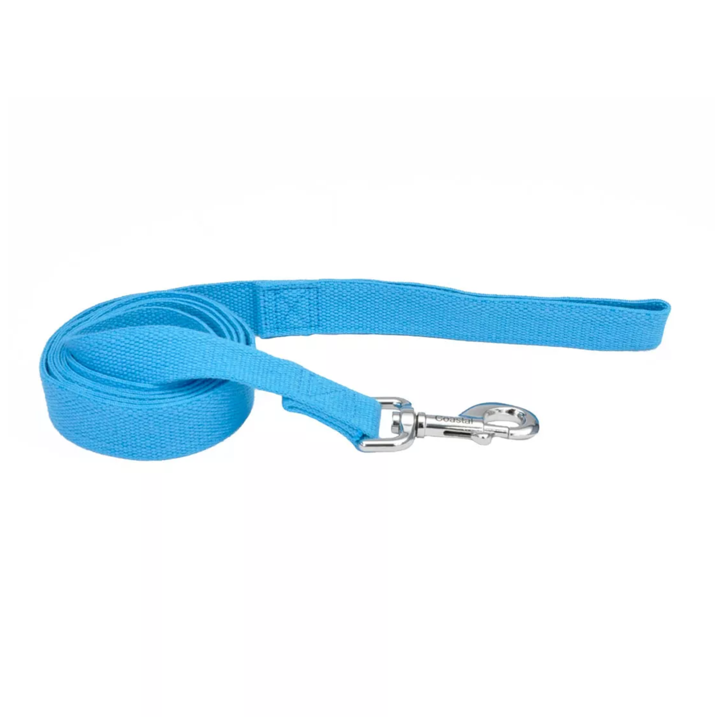 Blue dog leash with a metal clip on a white background