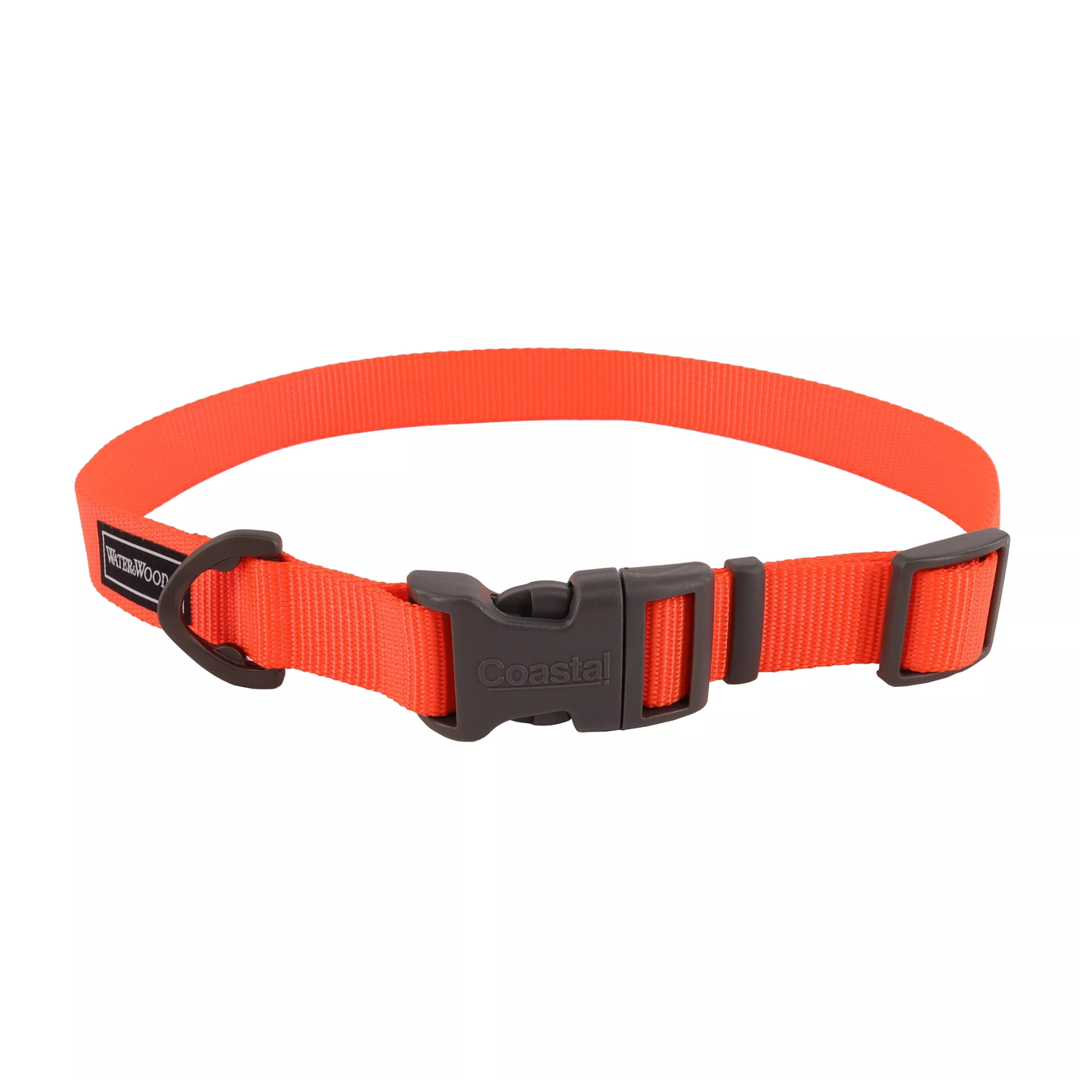 Orange dog collar with a black buckle on a white background