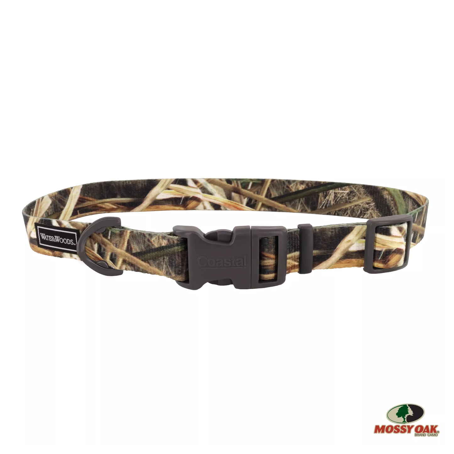 Camouflage dog collar with a black buckle on a white background, featuring the Mossy Oak brand.
