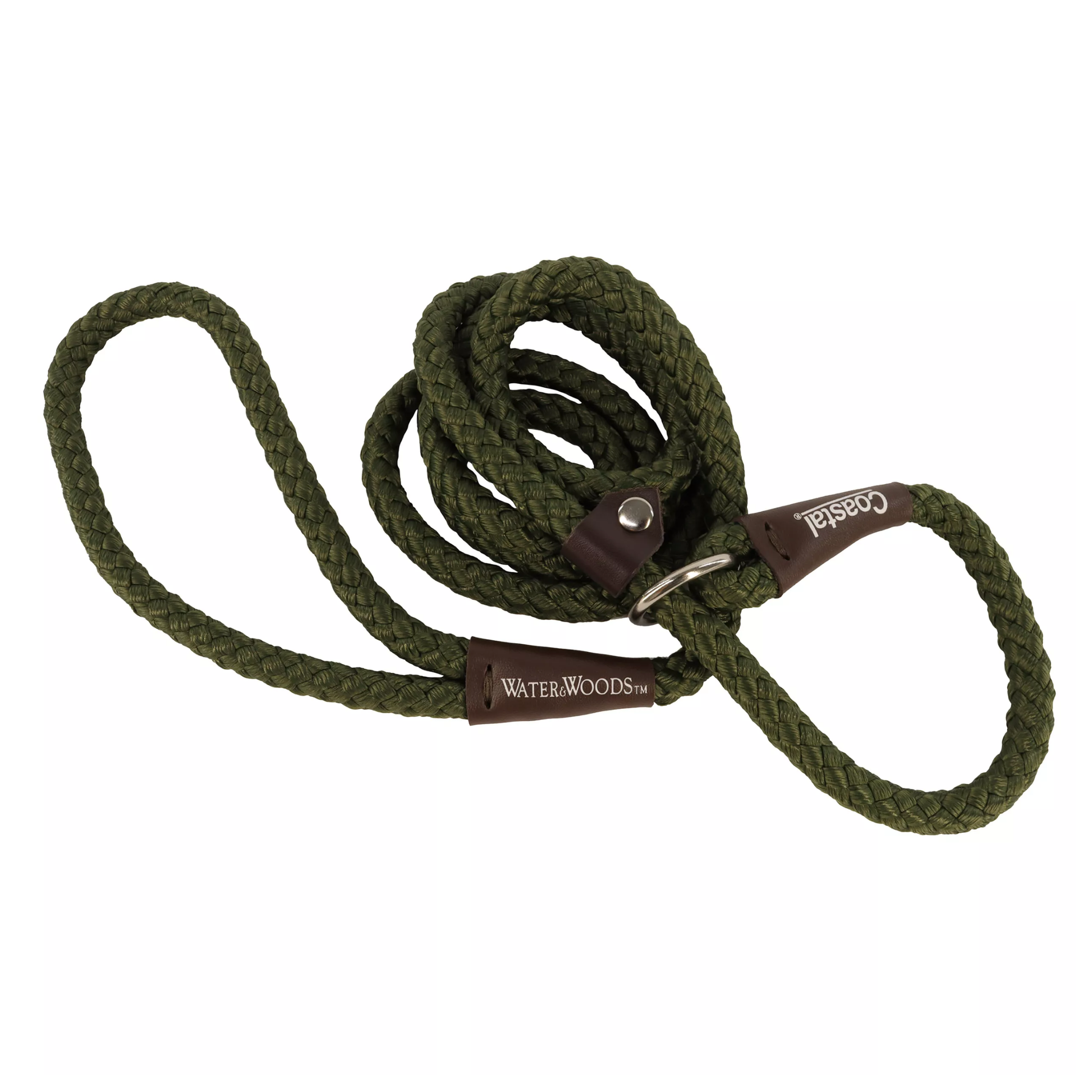 Green dog leash with brown leather handle and Water & Woods branding on a white background