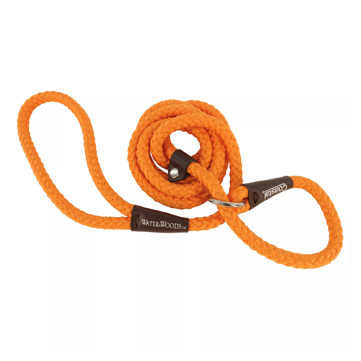 Orange dog leash with brown leather clip and WaterWoods logo on a white background