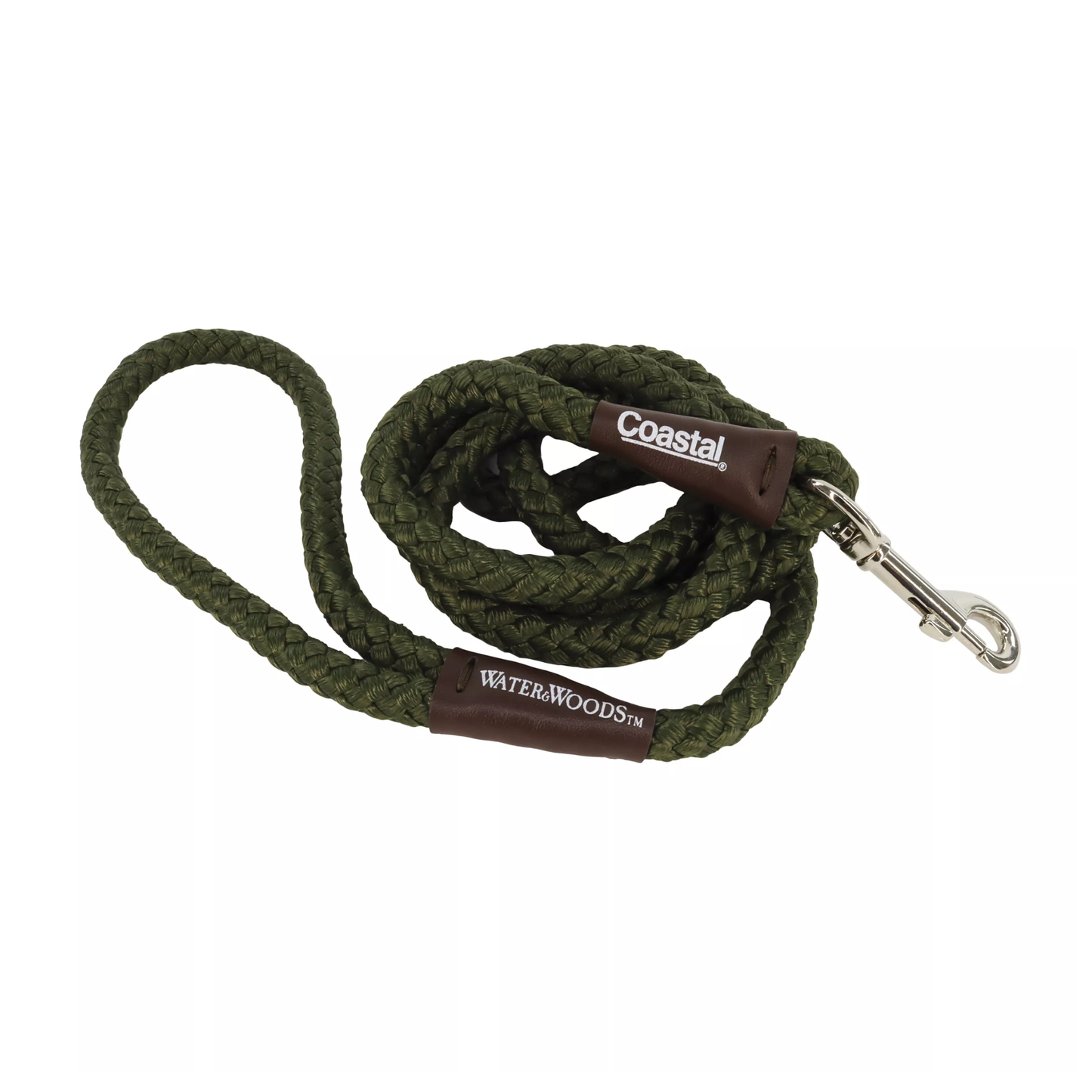 Green dog leash with leather patches and metal clip on a white background