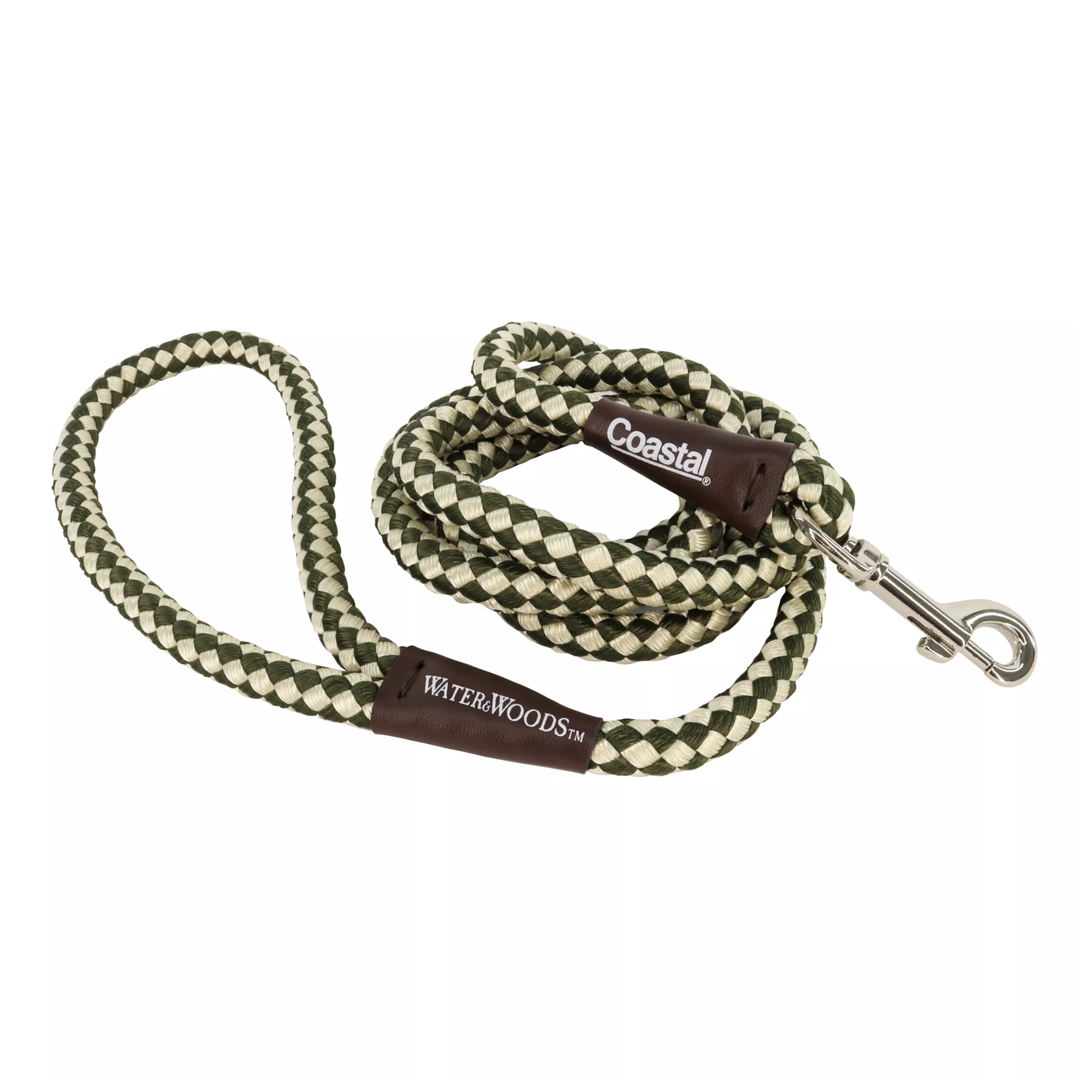 Dog leash with checkered pattern and visible brand labels on a white background