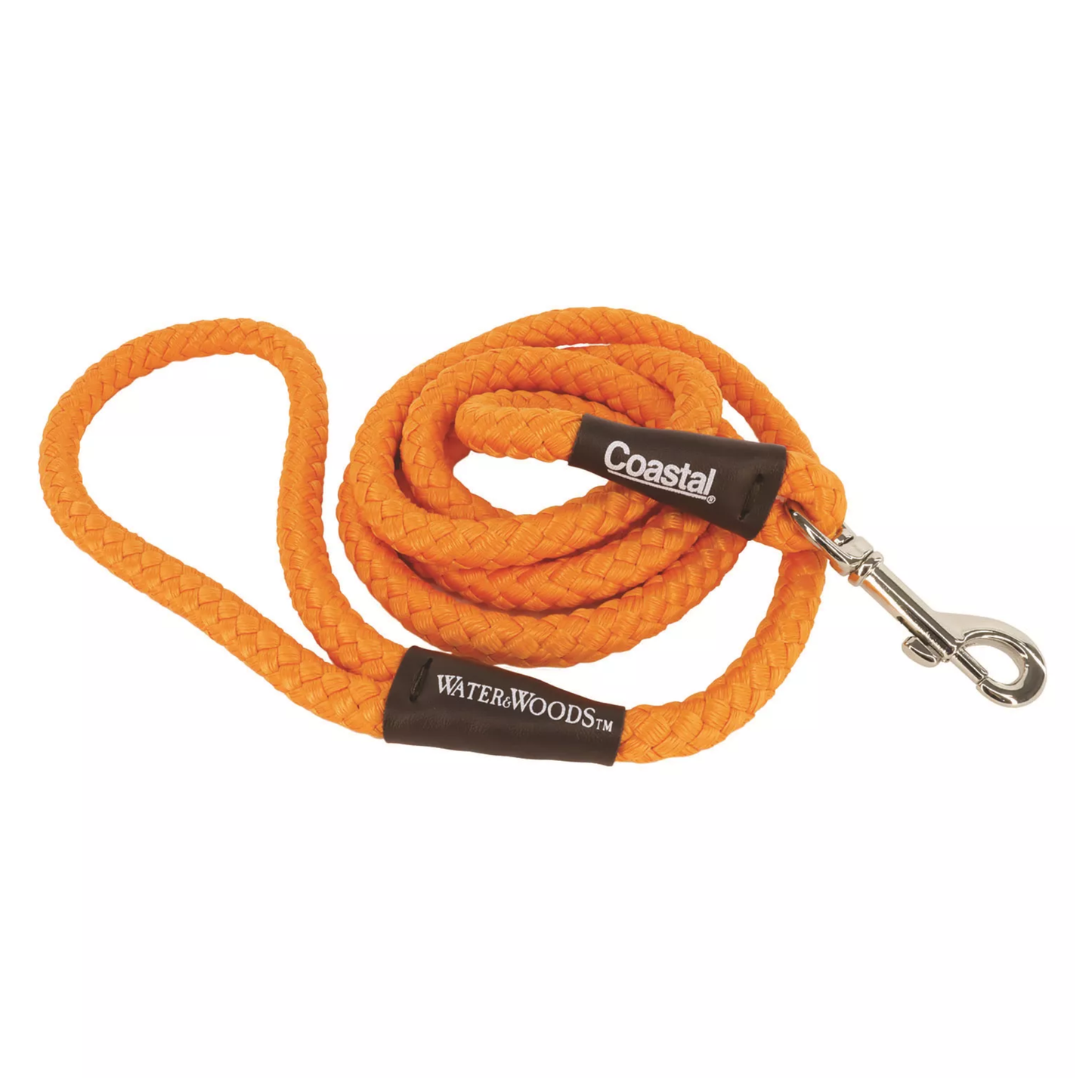 Orange dog leash with metal clip on a white background