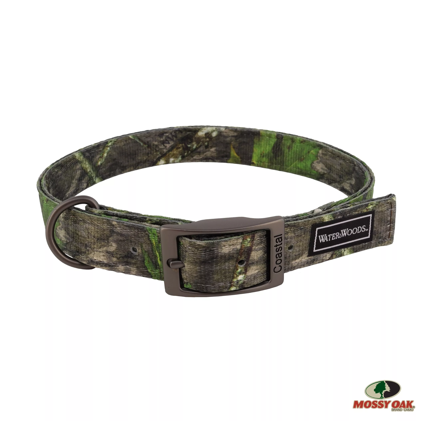 Camouflage dog collar with a visible brand logo on a white background