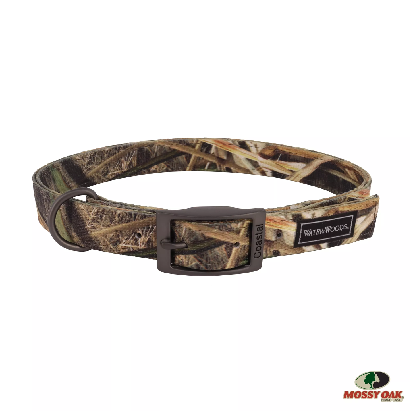 Camouflage dog collar with a brown buckle on a white background, featuring the Waterfowl brand.