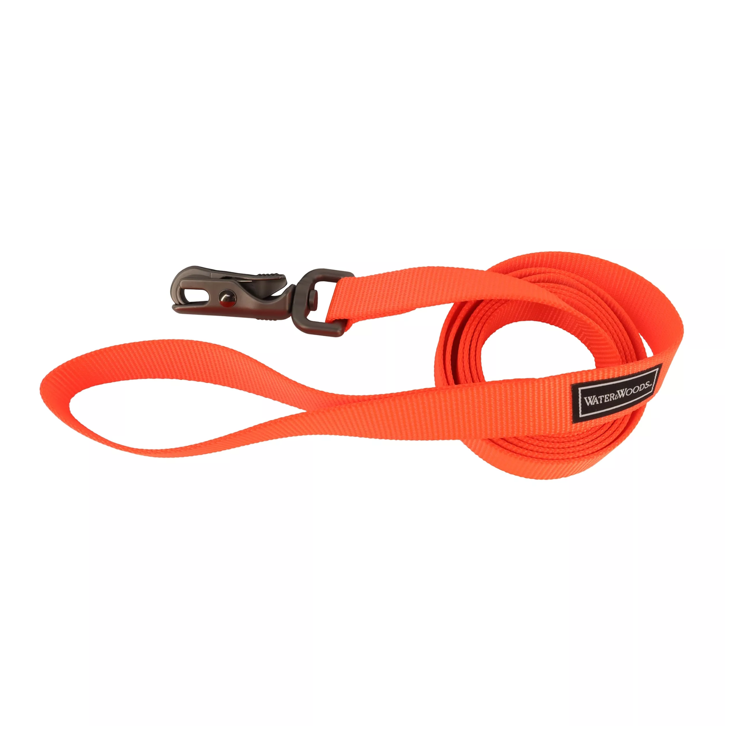 Orange dog leash with a metal clip on a white background